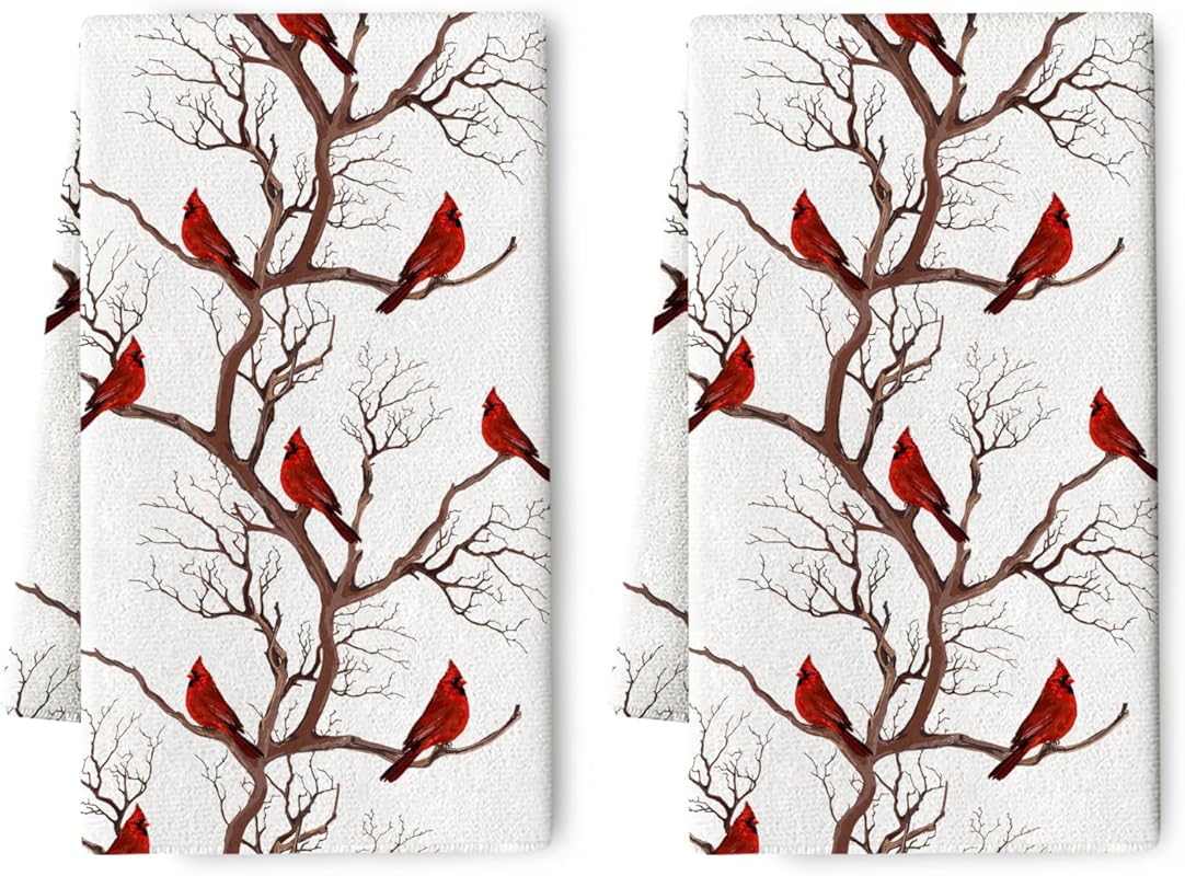 Winter Birds Cardinal Kitchen Towels Set of 2, Absorbent Christmas Dis