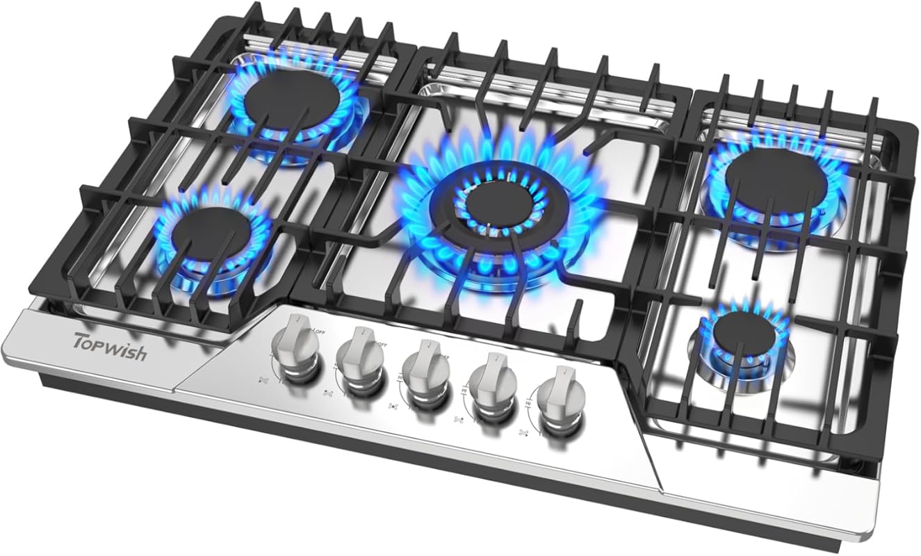 TOPWISH 30 Inch Built-in Gas Cooktop, 5 SABAF Burners, NG/LPG Converti