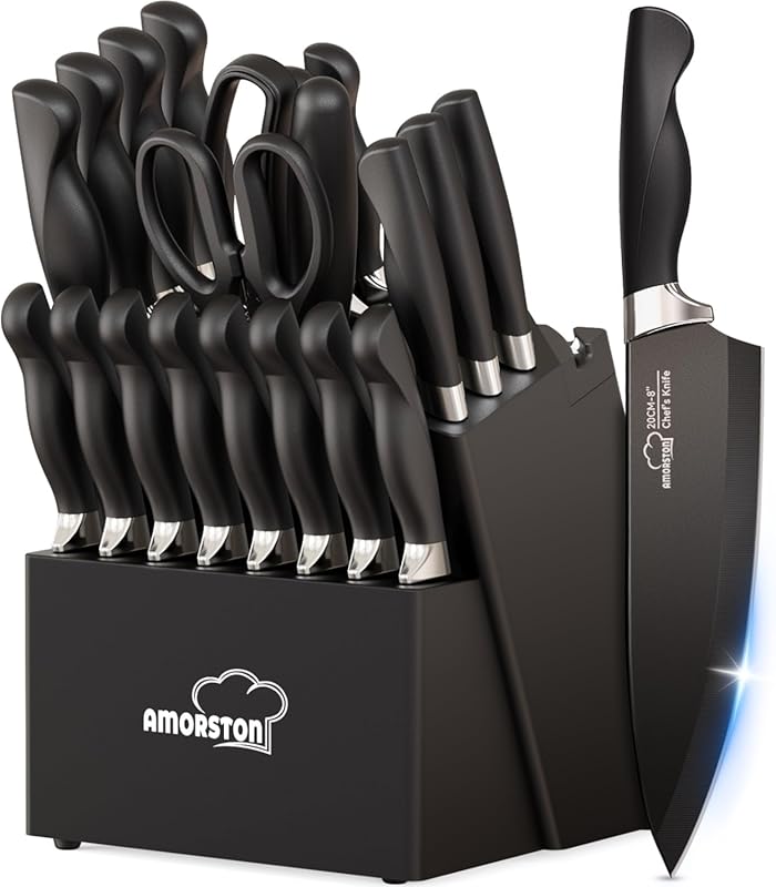 Amorston 21-Piece German Stainless Steel Knife Set with Block & Sharpe