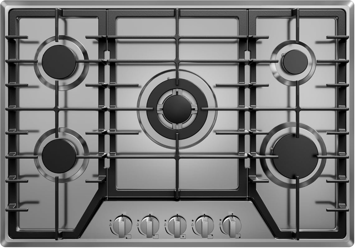 30-inch Drop-in Gas Cooktop, 5 Sealed Burners, Stainless Steel, NG/LPG