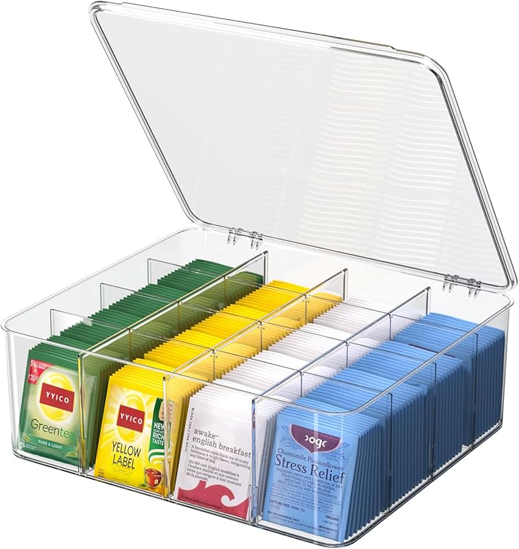 Large Acrylic Tea Bag Organizer with Lids – Stackable Clear Storage Bo