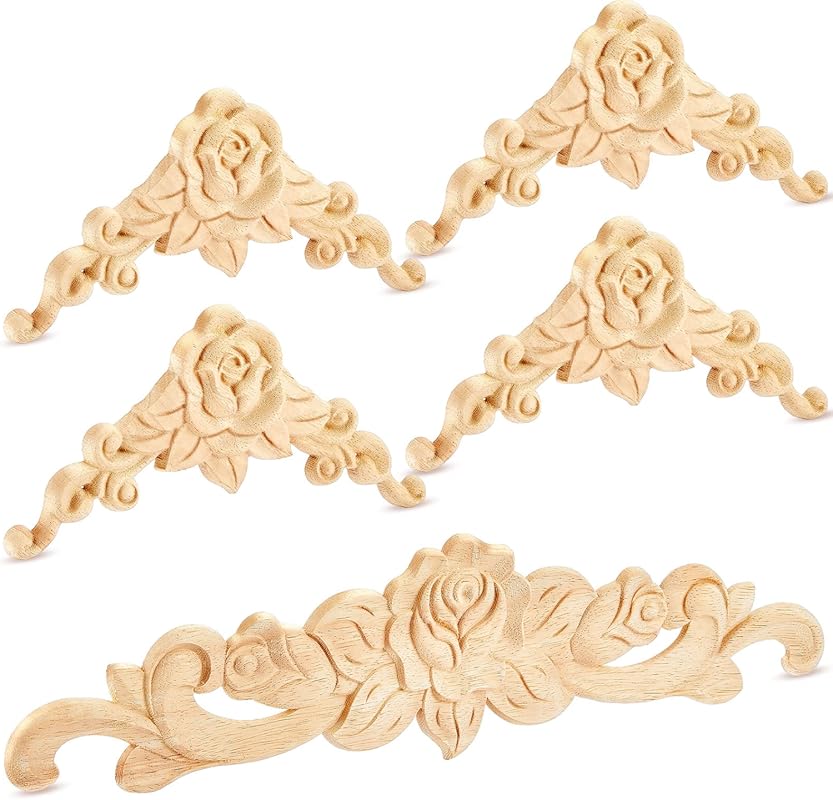 5-Piece Decorative Wood Appliques & Onlays, Rose Design for DIY Furnit