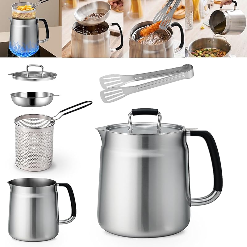68oz 3-in-1 Stainless Steel Oil Filter Pot with Fine Mesh Strainer, To