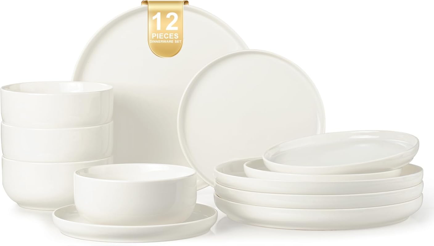 EWFEN 12-Piece White Ceramic Dinnerware Set for 4, Scratch Resistant P