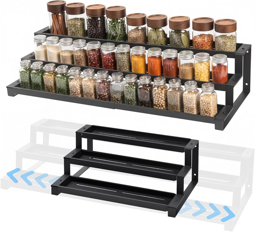 Black 3-Tier Expandable Spice Rack Organizer for Cabinet and Pantry, 1