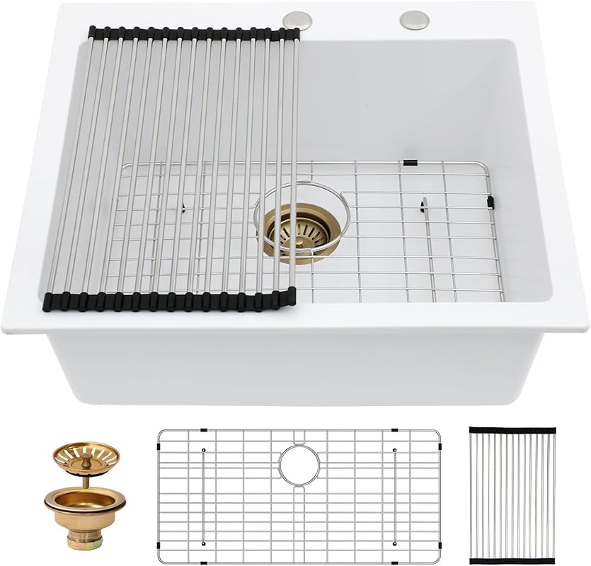 Couoko 25-inch White Granite Composite Drop-In Single Bowl Kitchen & L