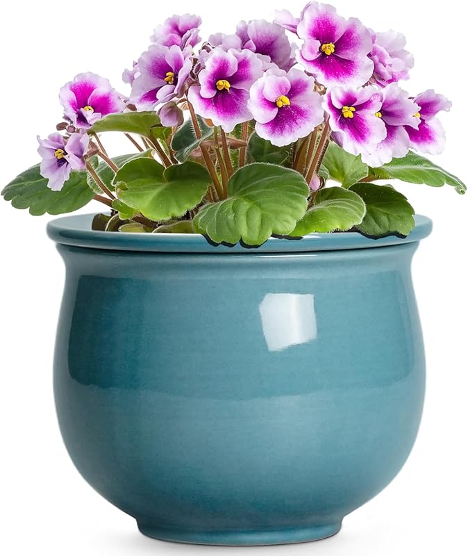 6 Inch Glaze Blue Ceramic Self Watering African Violet Pot with Absorb