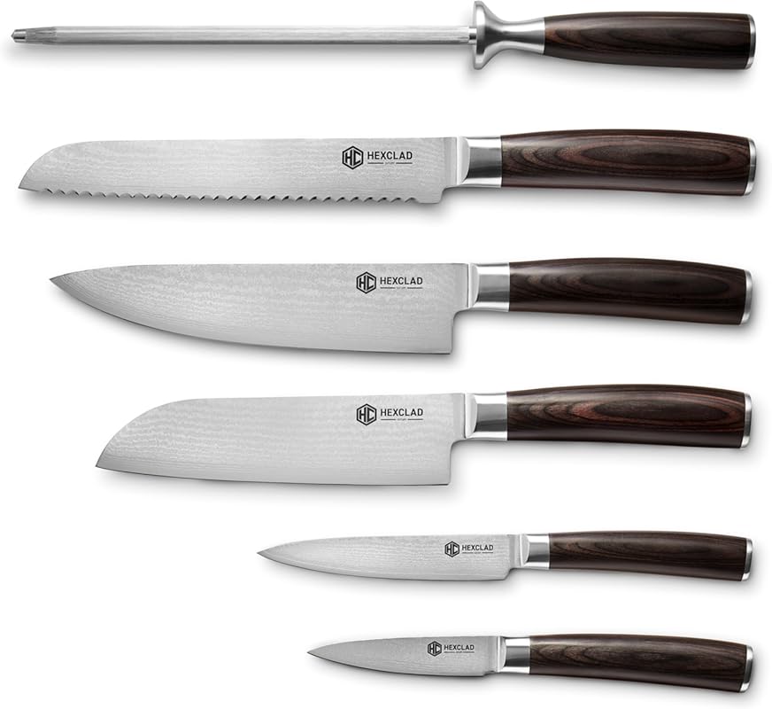 HexClad Espresso 6-Piece Damascus Knife Set, 67-Layer Japanese Steel,