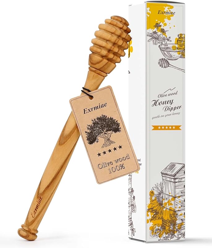 Traditional 6.3 Inch Olive Wood Honey Dipper, Durable, Warp-Resistant,
