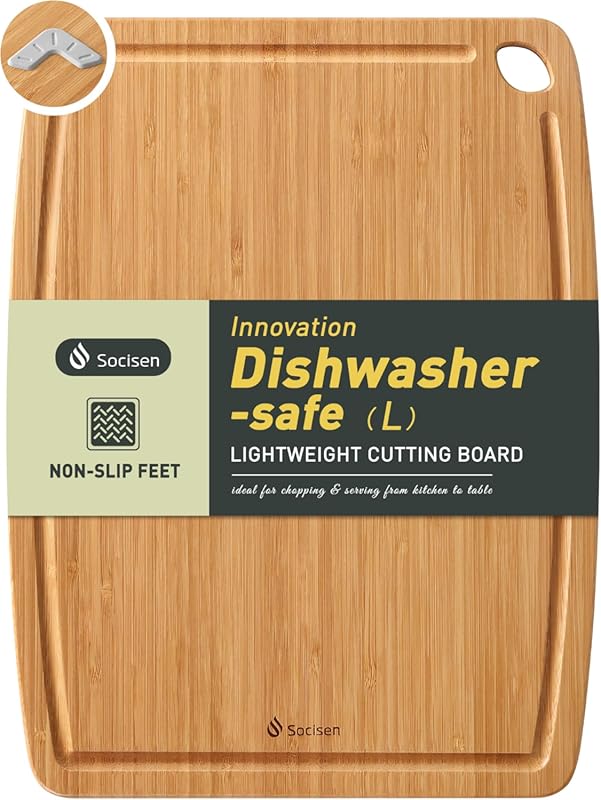 Lightweight Durable Bamboo Cutting Board with Non-Slip Feet, Juice Gro