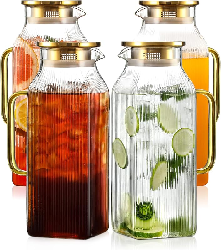 4-Pack Borosilicate Square Glass Pitchers, 2 Liter (68oz) with Lid & H