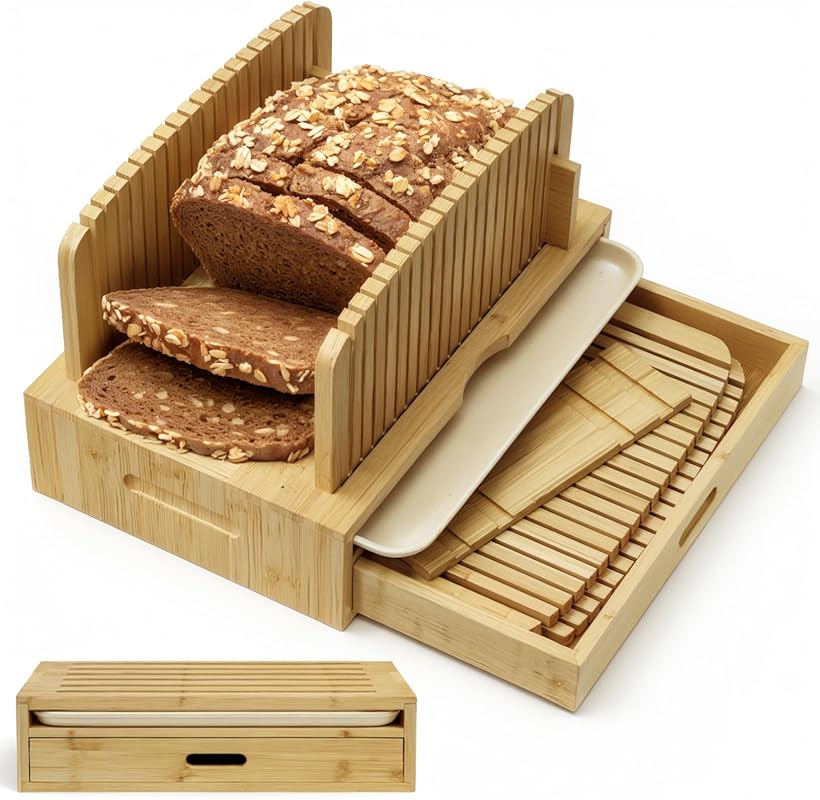 Compact Bamboo Bread Slicer with Adjustable Width Slicing Guides for P