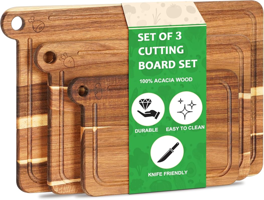 3 Pack Acacia Wood Cutting Board Set with Deep Juice Grooves & Handle 