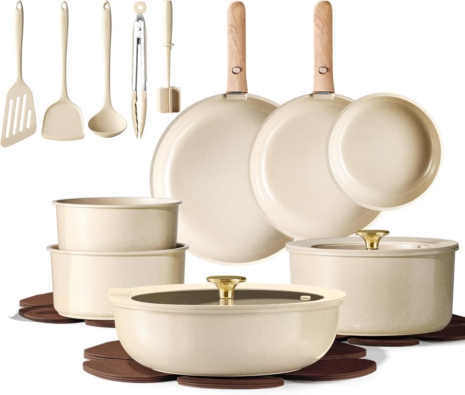 CAROTE 22-Pc Ceramic Non-Stick Cookware Set, Removable Handles, RV & I