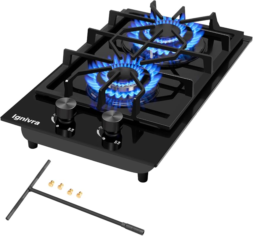 20x12 Inch 2 Burner Built-in Gas Cooktop, Black Tempered Glass Propane