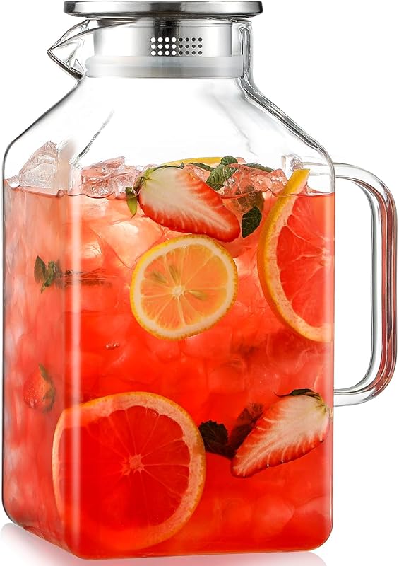 Large Borosilicate Square Glass Pitcher with Lid & Spout, 1 Gallon Jug