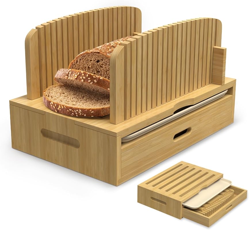 Bamboo Bread Slicer Guide, Adjustable and Foldable Bread Cutter with C