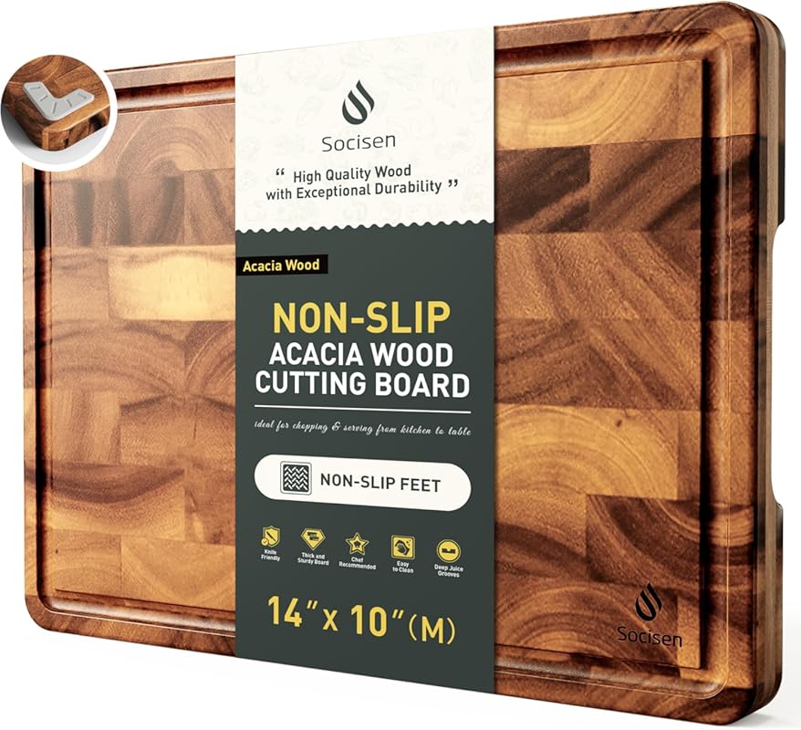 Acacia End Grain Cutting Board for Kitchen – Heavy Duty, Non-Slip Feet