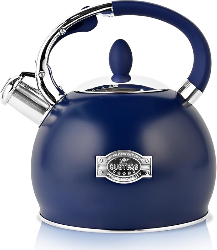 SUSTEAS Navy Blue Whistling Stovetop Tea Kettle, 2.64 Quart Food Grade