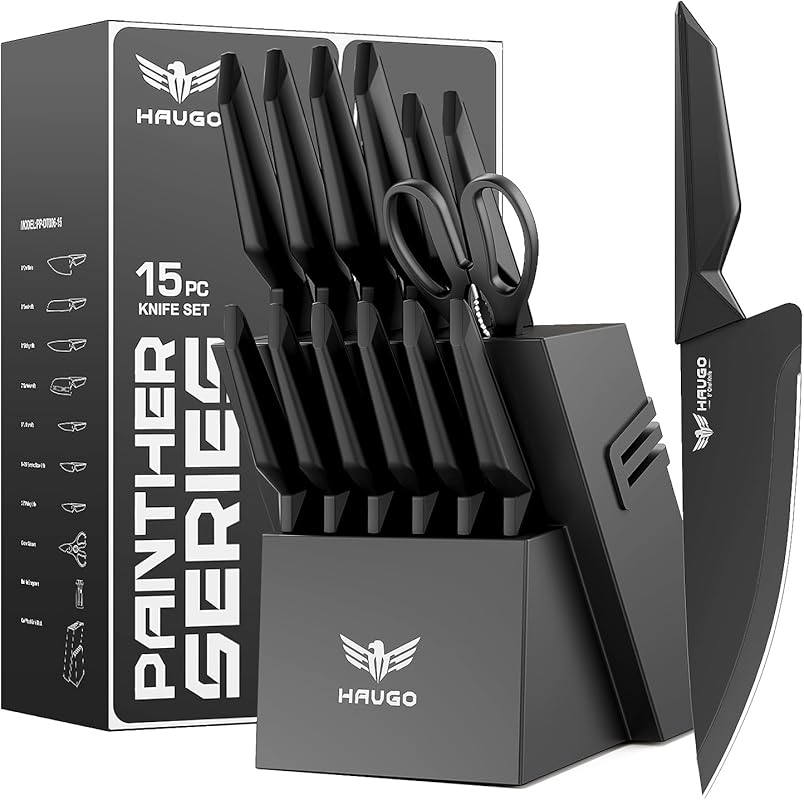 15-Piece High Carbon Stainless Steel Kitchen Knife Set with Block, Dis