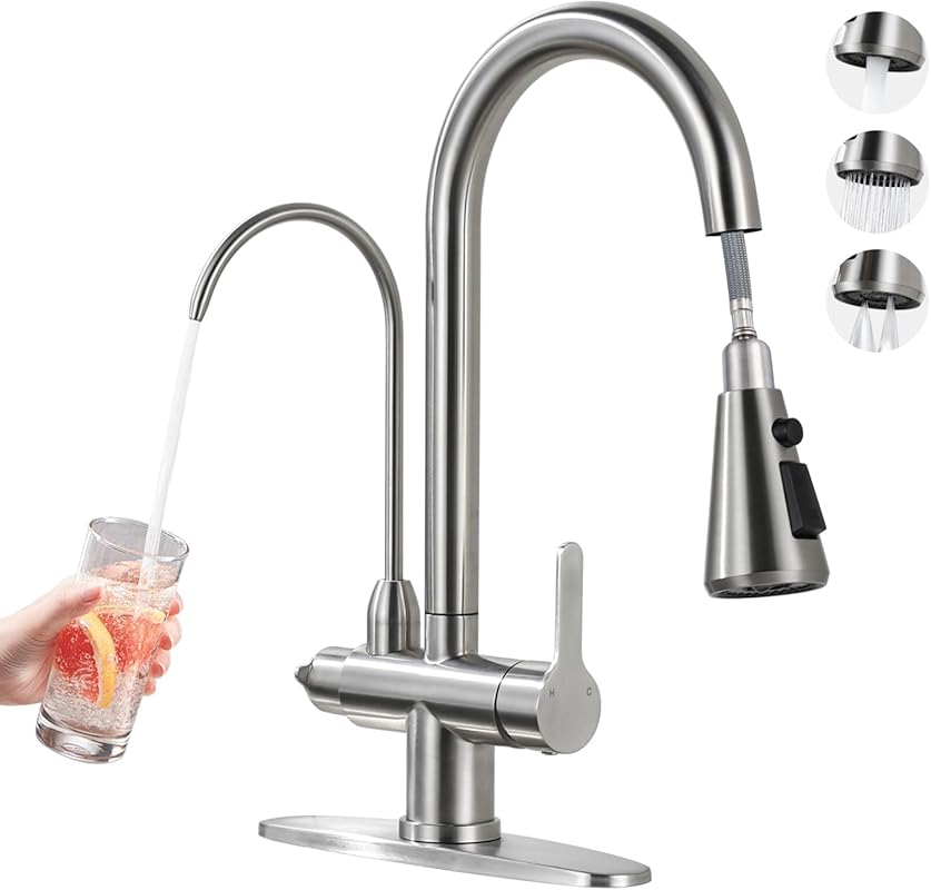 Brushed Nickel Stainless Steel Kitchen Faucet: High Arc, 2 Handles, Pu