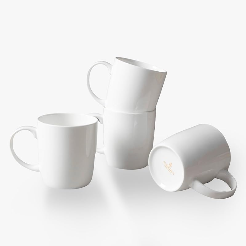 White Luxury Fine Bone China Mugs, 10 oz, Set of 4 for Coffee, Tea & G