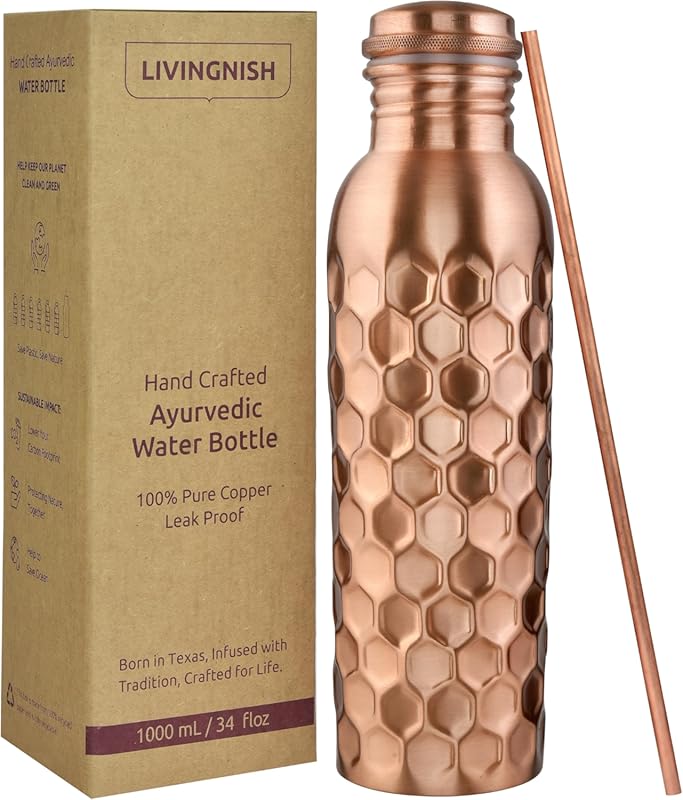 Extra Large 34 Oz 100% Pure Copper Water Bottle, Honeycomb Ayurvedic V
