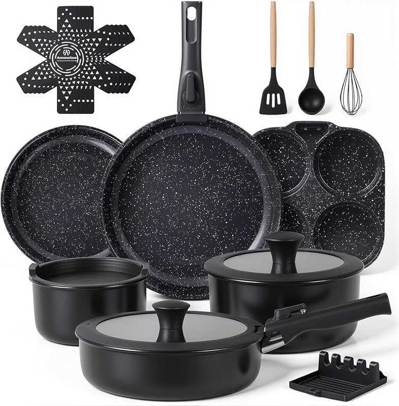 Ammeloo 21-Piece Ceramic Nonstick Cookware Set with Detachable Handles