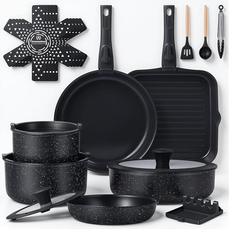 Ammeloo 21PC Nonstick Cookware Set with Detachable Handles, Grill Pan,