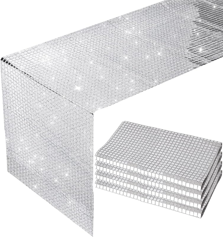 Silver Glitter Disco Table Runner, 12x72 Inch, 4 PCS, Retro 70s Party