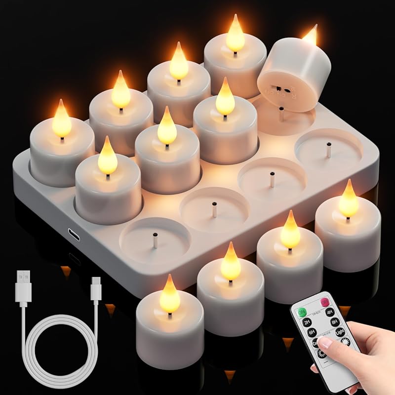 Rechargeable Flameless LED Tea Light Candles (12-Pack) with Remote, Ti