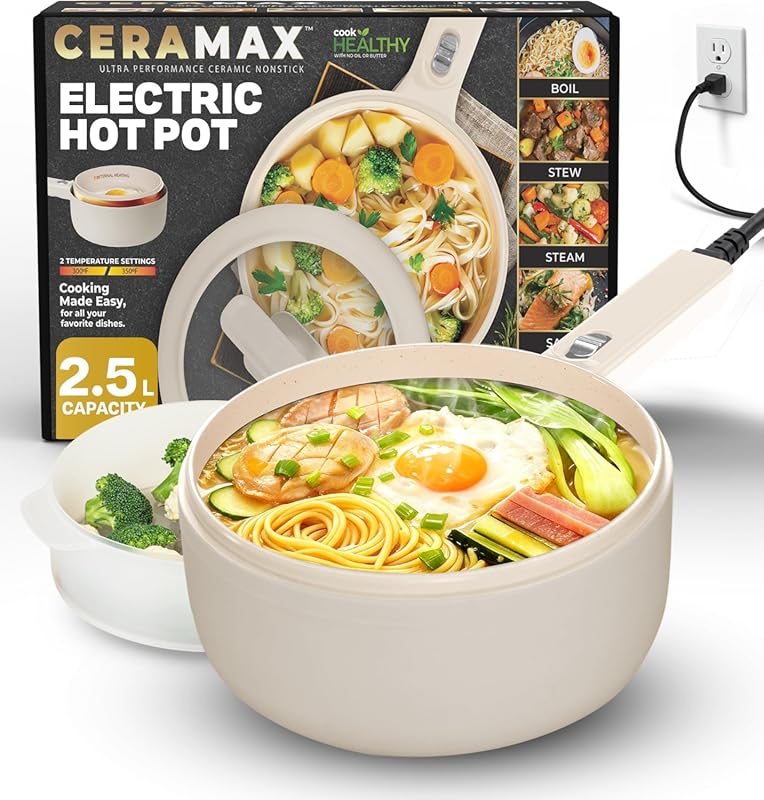 PRO 2.5L Electric Hot Pot with Steamer, Non-Toxic Ceramic Cooker for D