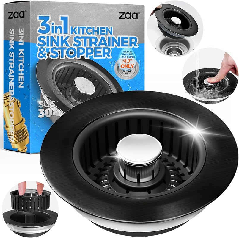 3-in-1 Pop-Up Brushed Black Kitchen Sink Strainer Stopper, Stainless S