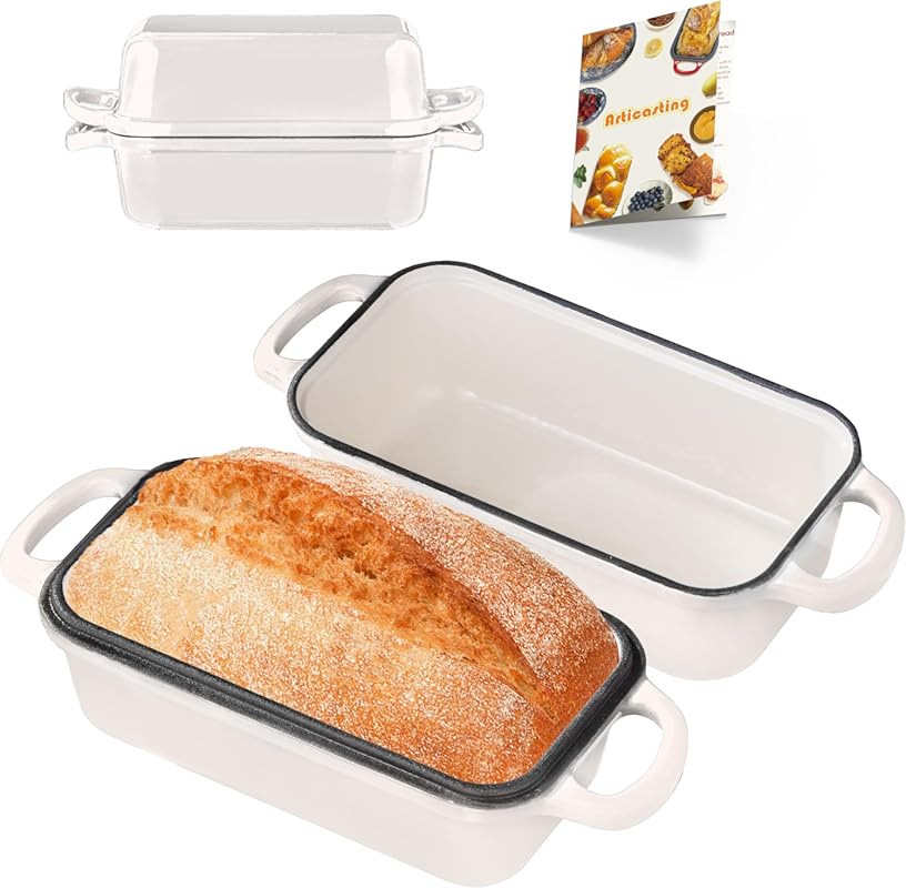 Enameled Cast Iron 9x5 Inch Loaf Pan with Lid, 2-Pack, Cream White for