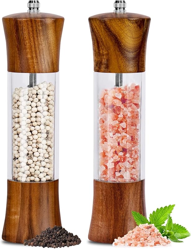Acacia Wood & Acrylic Salt & Pepper Grinder Set, 8-inch, Manual, Adjus