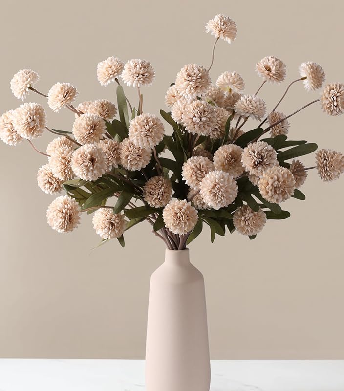 HyeFlora Fake Kiku Flowers, Faux Silk Pompon Mums Chrysanthemum Stems 
