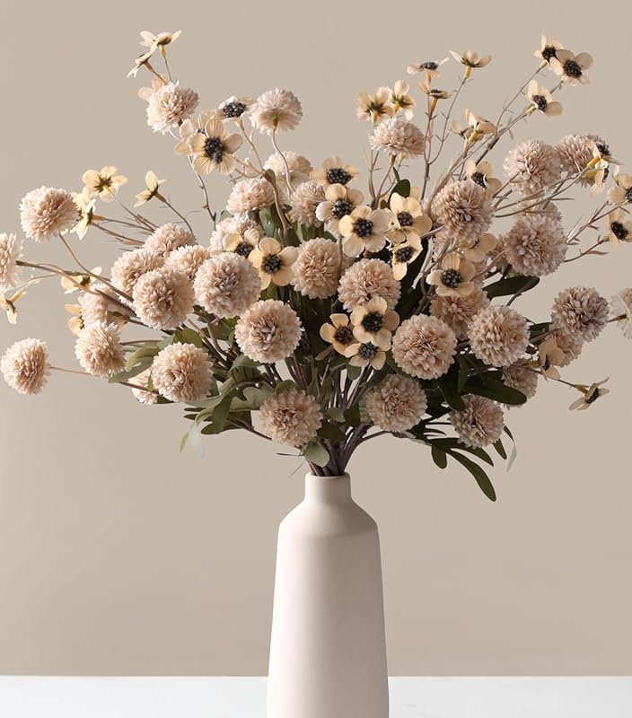 HyeFlora Fake Kiku Flowers, Faux Silk Pompon Mums Chrysanthemum Stems 