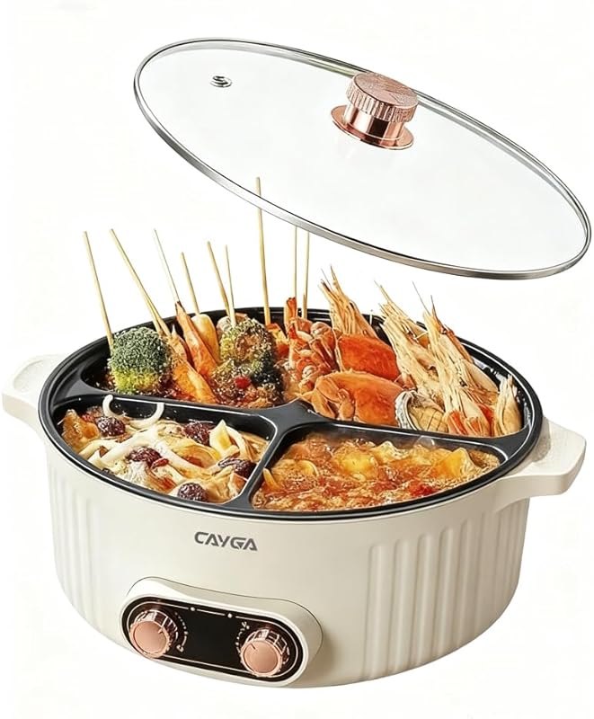 5Qt Electric Hot Pot Cooker with Divider, 2000W Non-Stick 4-Compartmen