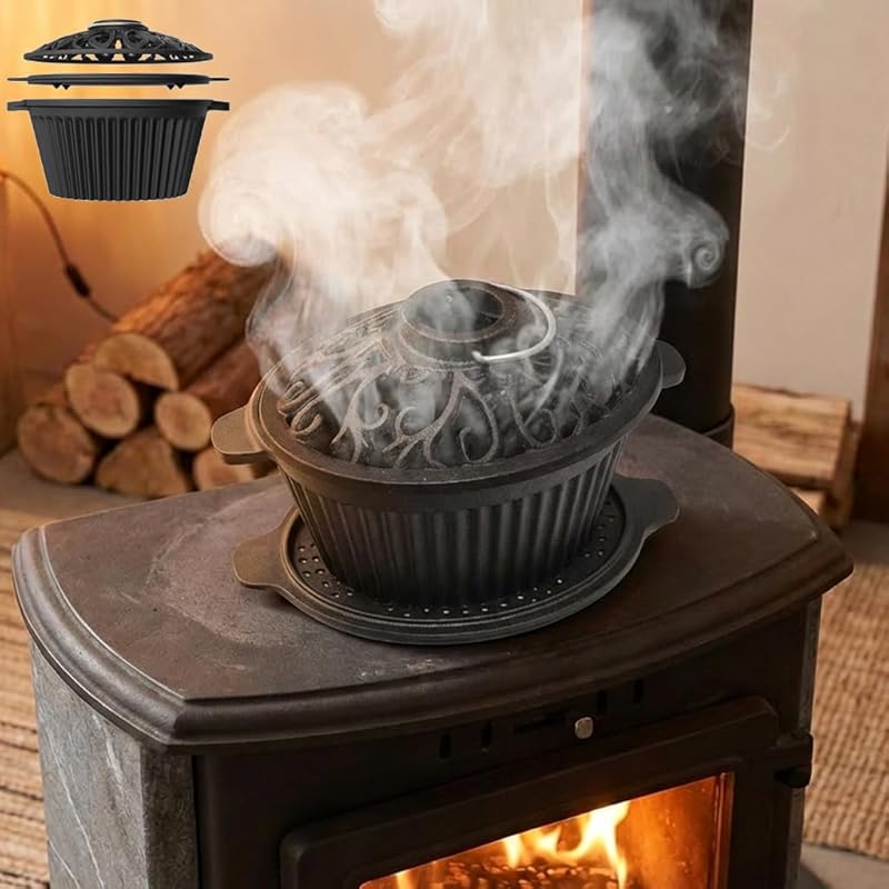 Cast Iron Wood Stove Steamer & Trivet Set, Pre-Seasoned Humidifier wit