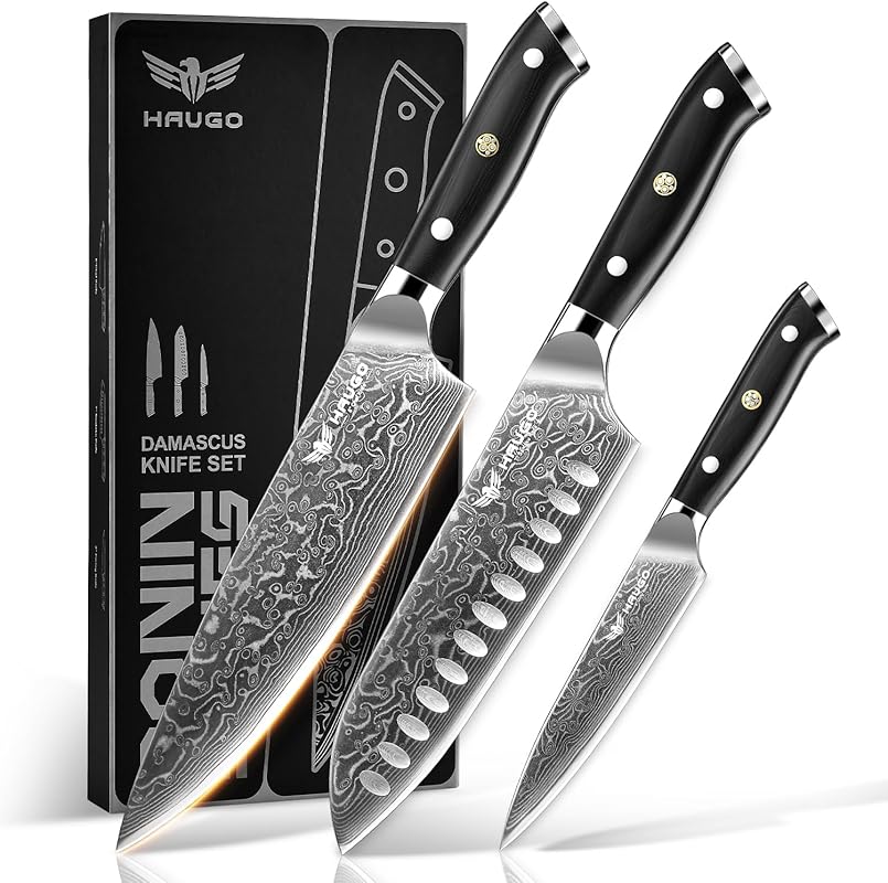 Haugo Ronin Series 3-Piece Professional Damascus Chef Knife Set with J