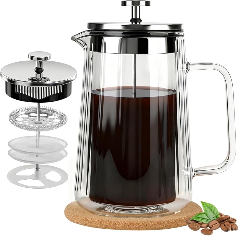 Double Wall Borosilicate Glass French Press Coffee Maker 34oz, Stainle