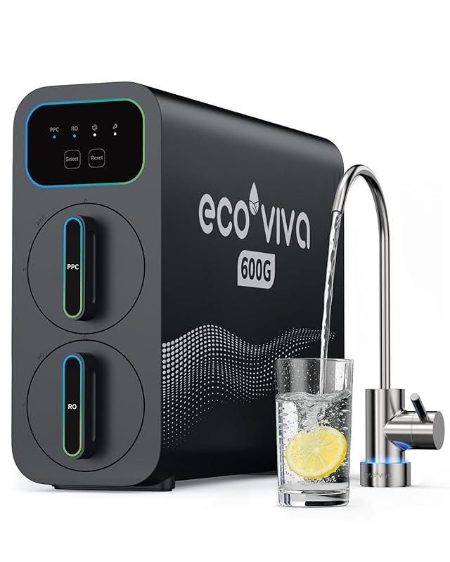 Ecoviva E6 600GPD Compact 9-Stage Tankless RO Under Sink Filter, Easy 