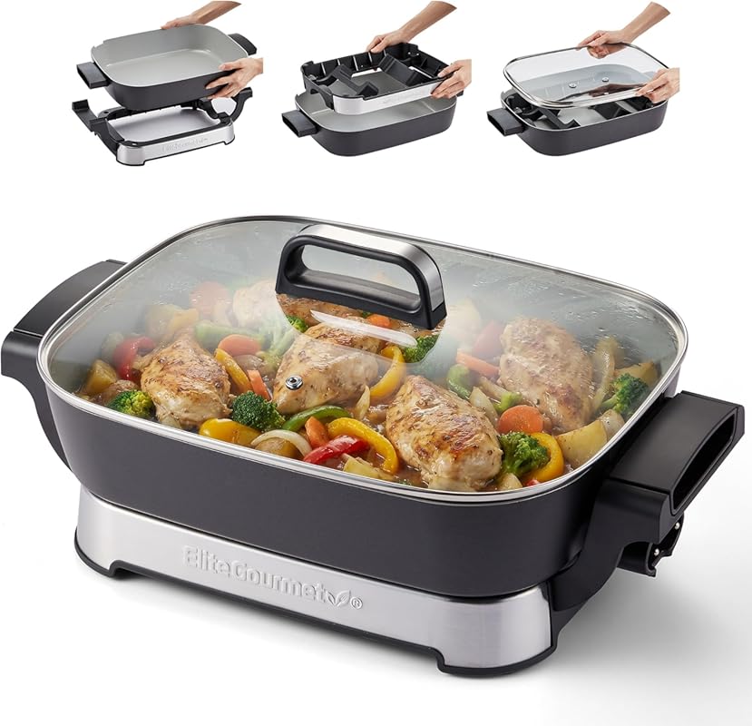 Elite Gourmet Stow-Away Foldable Electric Skillet, Ceralast PFAS Free 