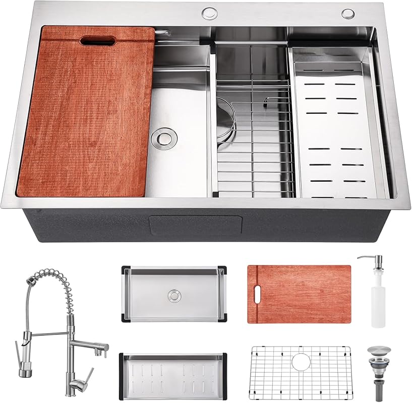 33x22 Drop-In Kitchen Sink & Faucet Combo, Large Stainless Steel Singl