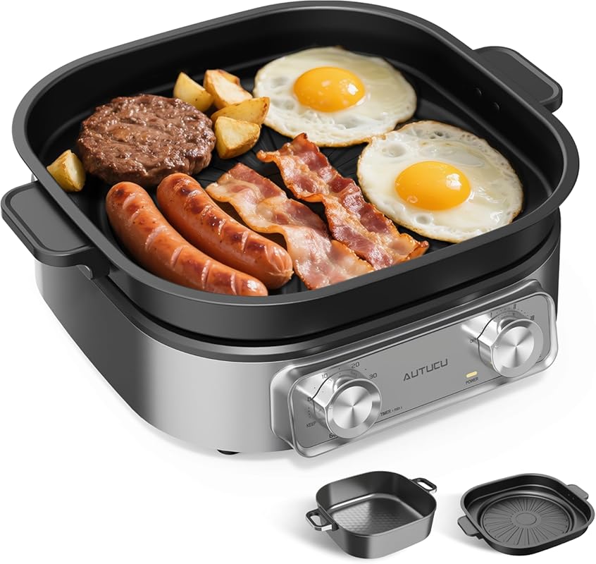 6-Quart Electric Skillet with Grill, Non-Stick Ceramic Coating, 1600W,