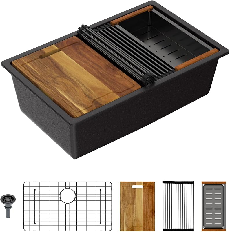 Lordear 30x19 Matte Black Granite Composite Workstation Kitchen Sink U