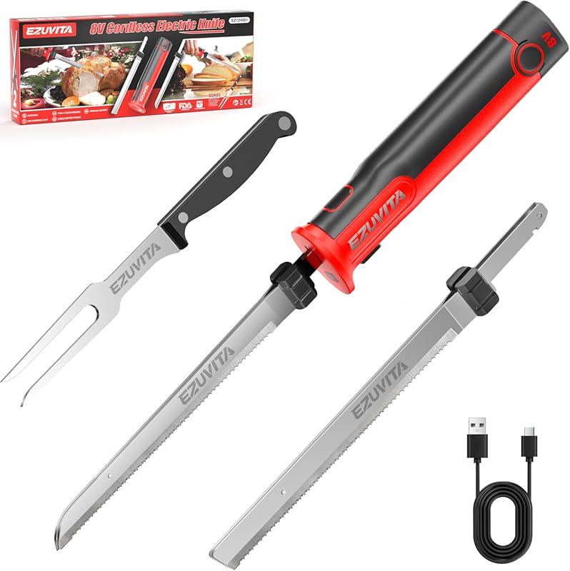8V Cordless Rechargeable Electric Carving Knife Set for Meat & Bread, 