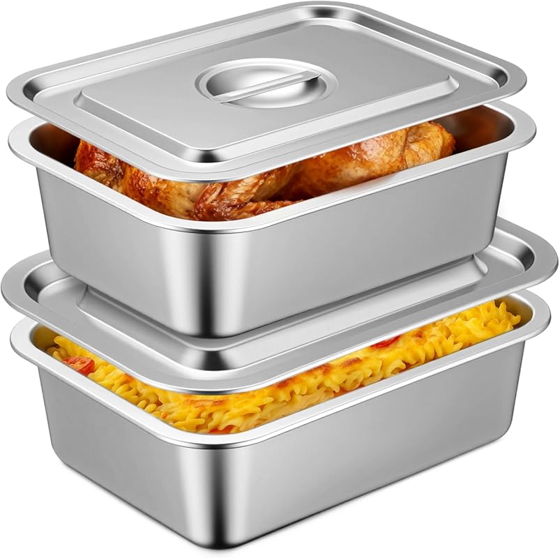 2-Pack 4-Inch Deep Stainless Steel Nonstick Lasagna Pans with Lids, 7.