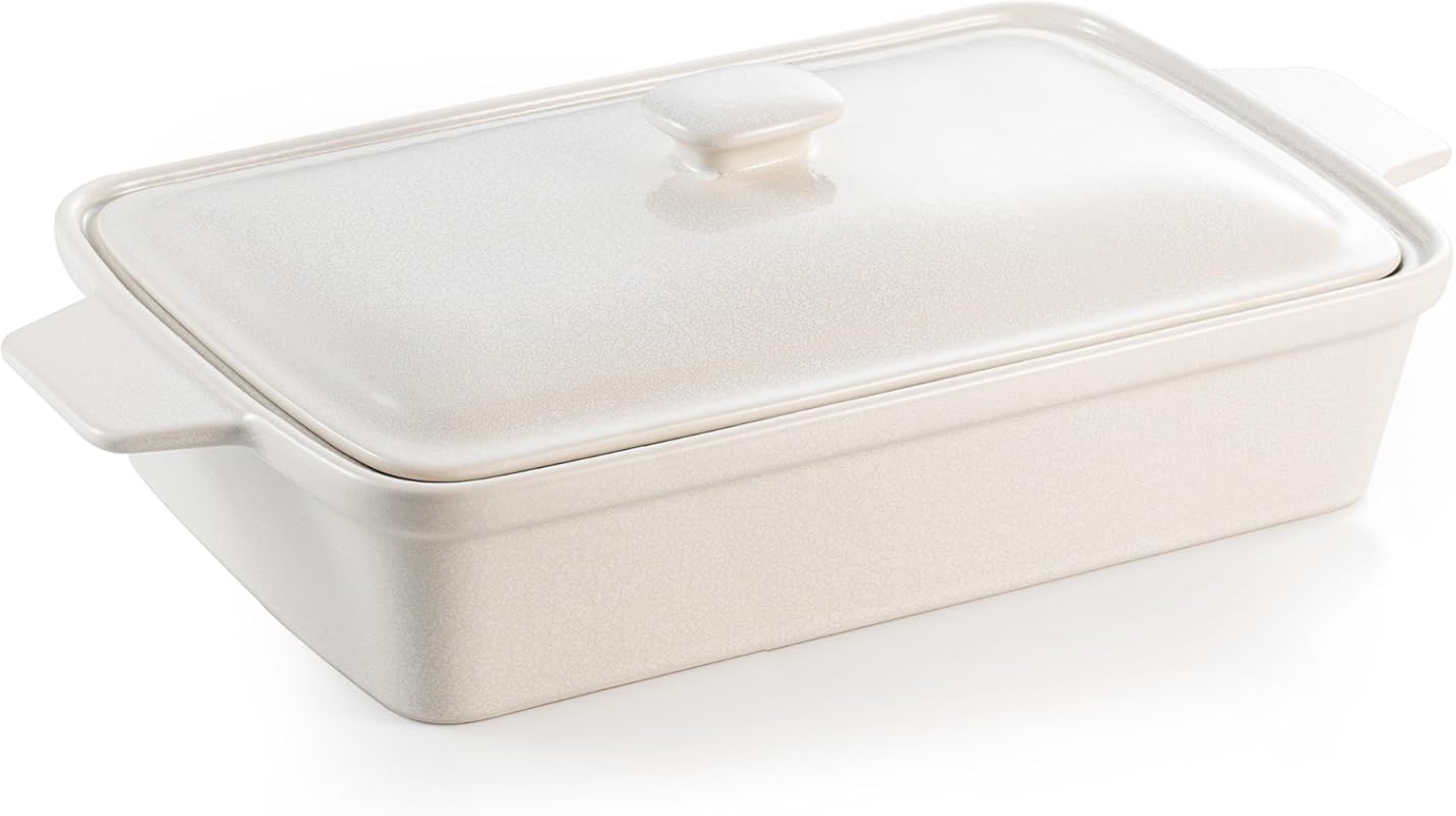 Porcelain 3.5 Qt Deep 13x9 Casserole Baking Dish with Lid, Handles, Ov