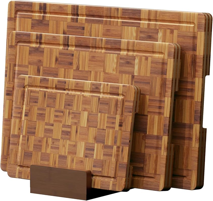 Large Bamboo Chopping Boards 3-Pack with Juice Groove & Storage Base f